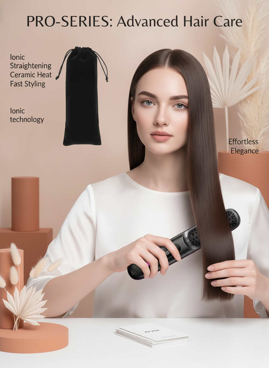 A South Asian woman holds the Arvox Cordless Hair Straightening Brush, showcasing her smooth, dark hair and sculpted jawline.