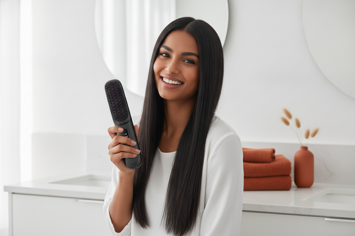 A South Asian woman with straight hair smiles while holding the Arvox Cordless Hair Straightening Brush in a modern bathroom.