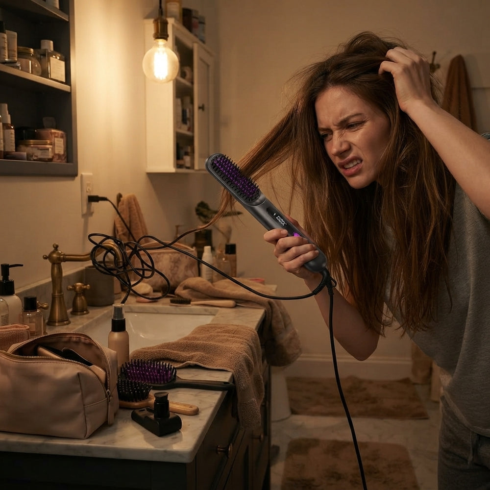 A woman looking stressed while struggling with a tangled corded hair straightener in a cluttered bathroom.