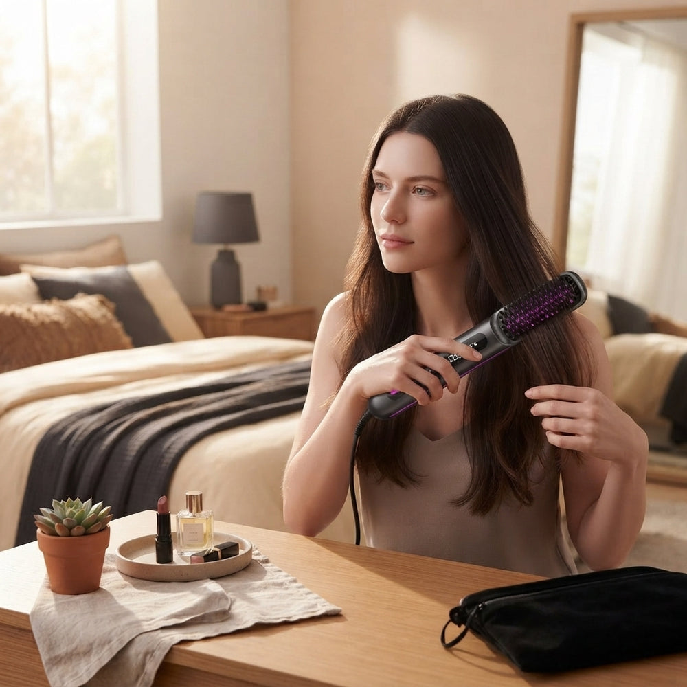 A woman using a cordless hair straightening brush in a sunlit modern bedroom.